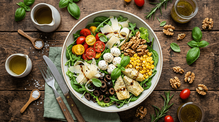 Insalata fresca con mozzarella, pomodorini, noci e mais